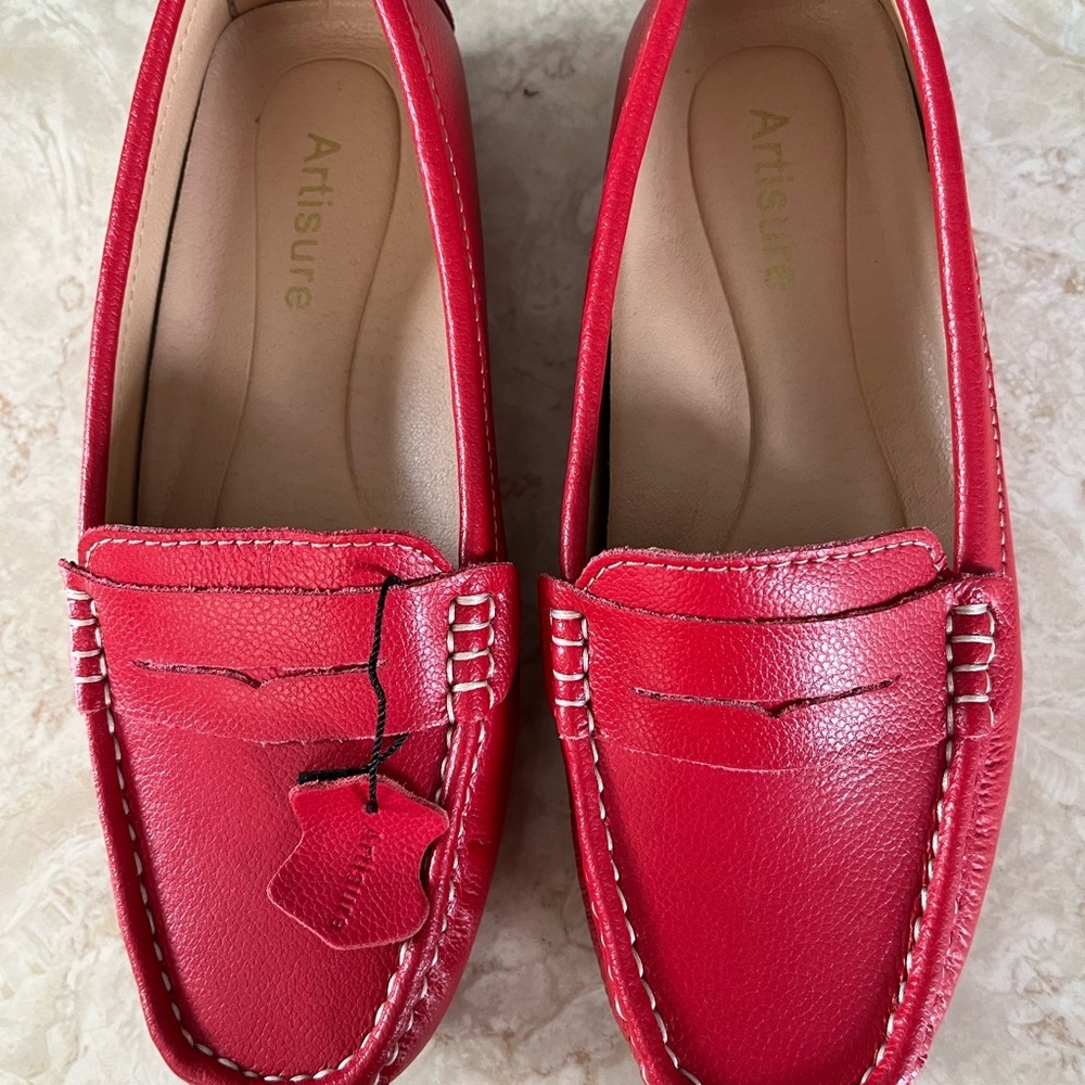 Cherry Red Leather Flats with Moccasin Stitching‎